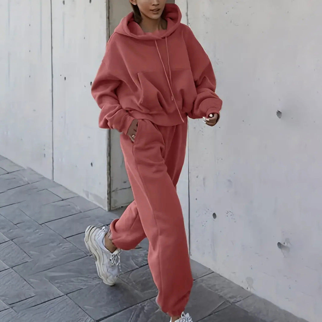 Damen kurzes Oversize-Kapuzenpullover-Set mit elastischer High-Waist-Jogginghose aus Baumwollfleece – Auréline