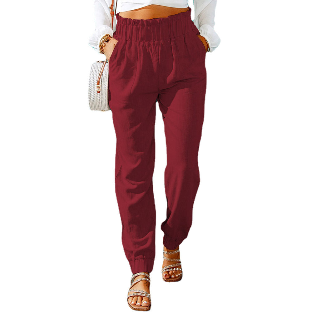 Damen Hochtaillierte Leinenoptik-Joggerhose mit elastischem Rüschbund und Eingrifftaschen Echoarchiv