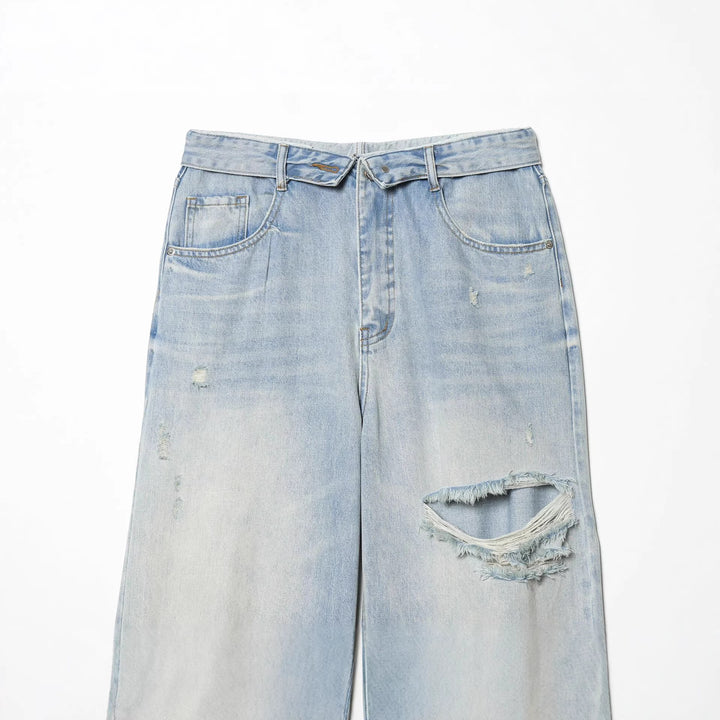 Damen hochgeschnittene weite Jeans mit geradem Bein, Destroyed‑Details und klassischer Five‑Pocket‑Passform – Dénora