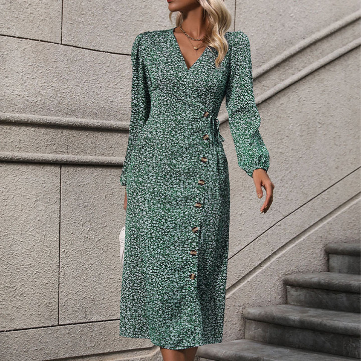 Damen Florales Wickel-Midikleid mit asymmetrischer Knopfleiste und geraffter Taille Echoarchiv