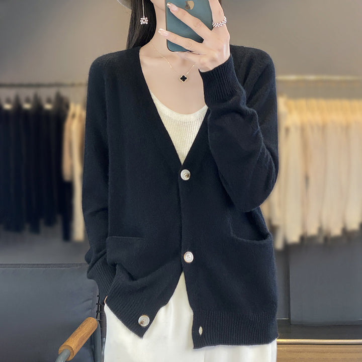Damen Lässiger Feinstrick-Cardigan mit V‑Ausschnitt, Eingrifftaschen und breitem Rippbund Echoarchiv