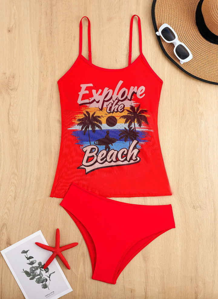 Damen Tankini-Set mit sportlichem Grafikdesign und hoch tailliertem Höschen Echo Archiv