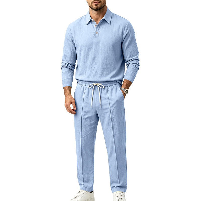Herren Langarm-Henley-Lounge-Set aus leichter Baumwollmischung mit Kordelzug Echoarchiv