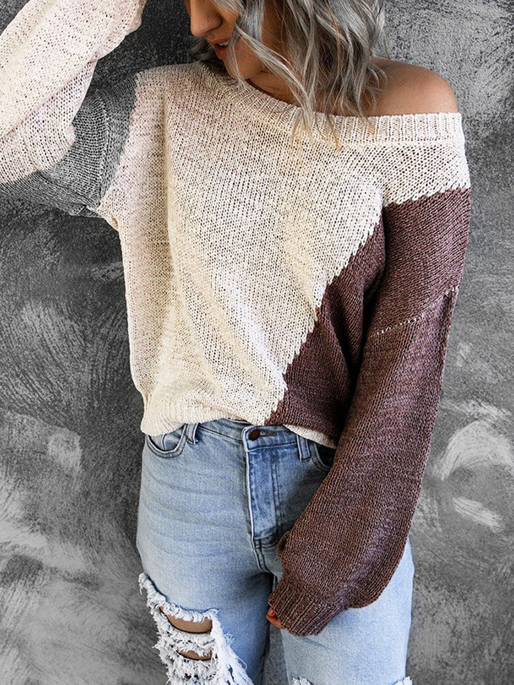 Damen Oversize Strickpullover mit Carmenausschnitt und Colorblock-Design Echoarchiv