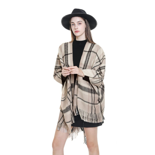 Damen Karierter Cape-Umhang aus Wollmix mit Fransen – Avérine