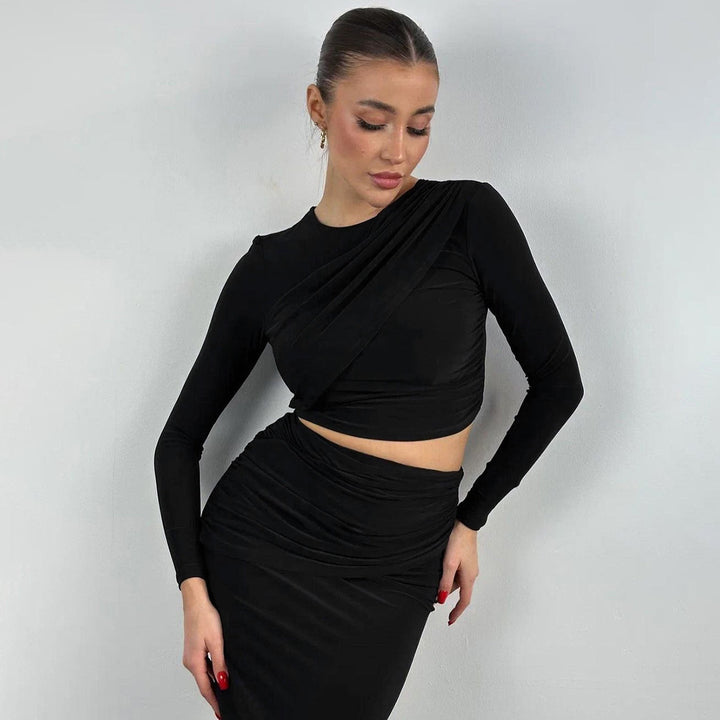 Damen Elegantes Wickeloberteil und Maxi-Rock Set mit langen Ärmeln und figurbetonter Silhouette Echo Archiv