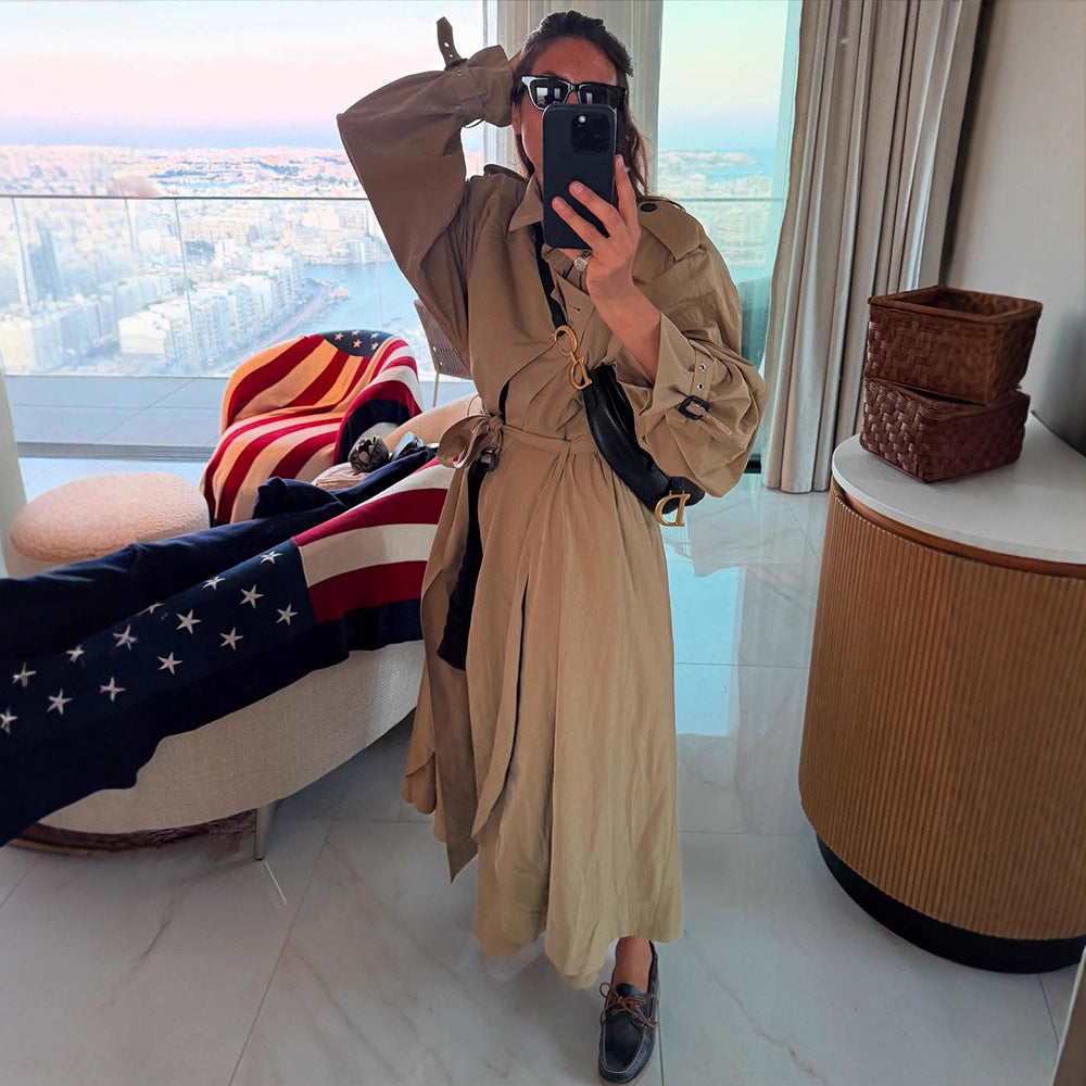 Damen Oversize-Trenchcoat mit voluminösen Ballonärmeln, Kordelzug und abnehmbarer Kapuze Echoarchiv