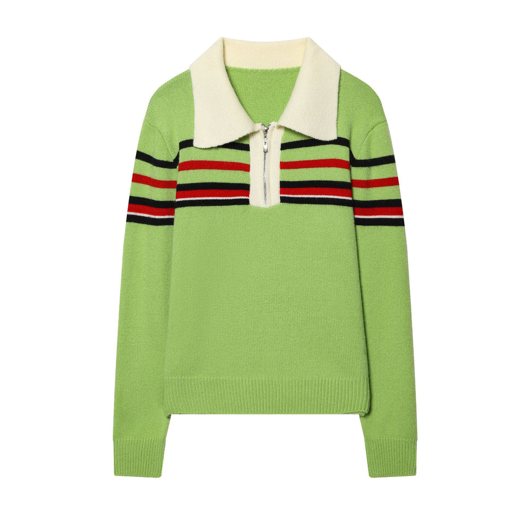 Damen nan gerippter Strickpullover mit halbem Reißverschluss, großem Kontrastkragen und gestreifter Brustpartie Echo Archiv