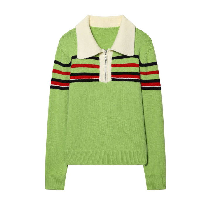 Damen nan gerippter Strickpullover mit halbem Reißverschluss, großem Kontrastkragen und gestreifter Brustpartie Echo Archiv