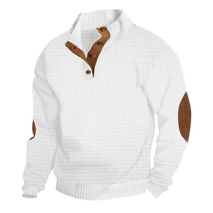 Herren Strukturiertes Waffelstrick-Henleypullover mit Lederbesatz & Ellbogenpatches – Marzano