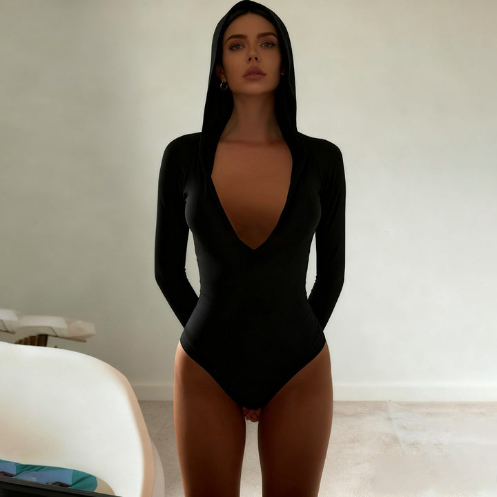 Damen langärmliger Body mit Kapuze und tiefem V-Ausschnitt Echo Archiv