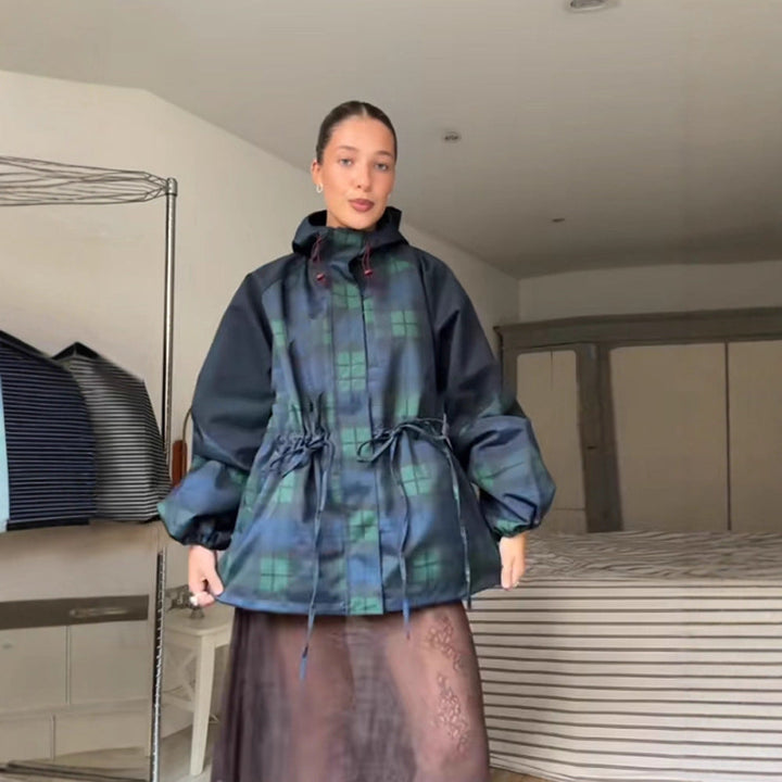 Damen Oversized Jacke im lässigen Karo-Design mit praktischen Taschen und Taillenzug Echoarchiv
