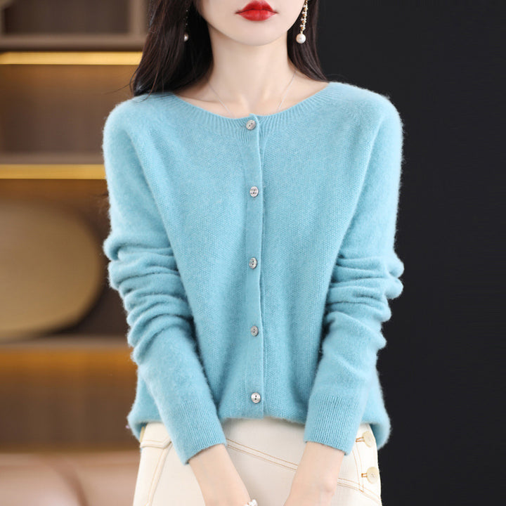 Damen Kurzgeschnittener Cardigan in Mohair‑Optik mit Rundhalsausschnitt und Perlmuttknöpfen Echoarchiv
