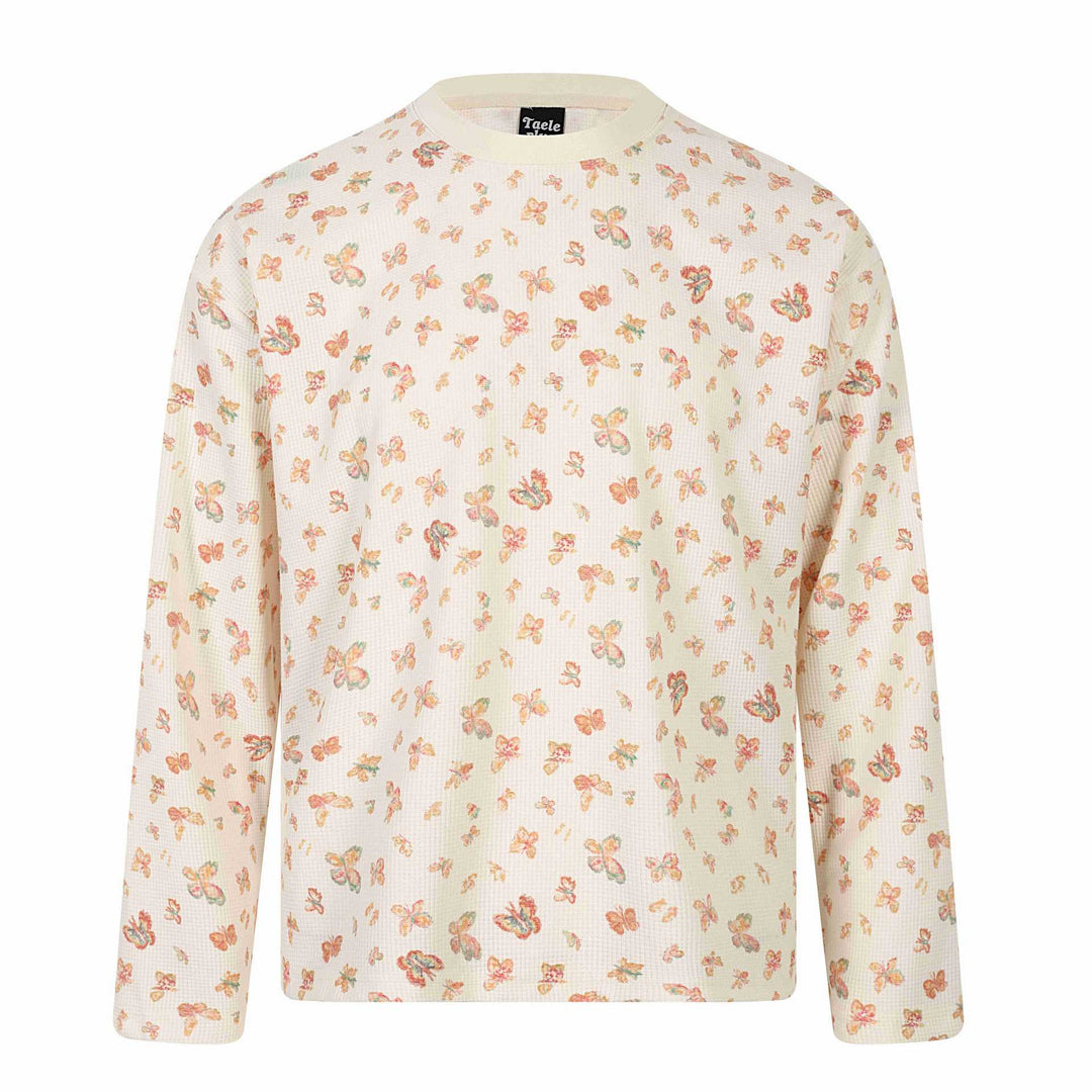 Damen Waffelstrick-Langarmshirt mit Allover-Schmetterlingsprint und Rundhals Echoarchiv