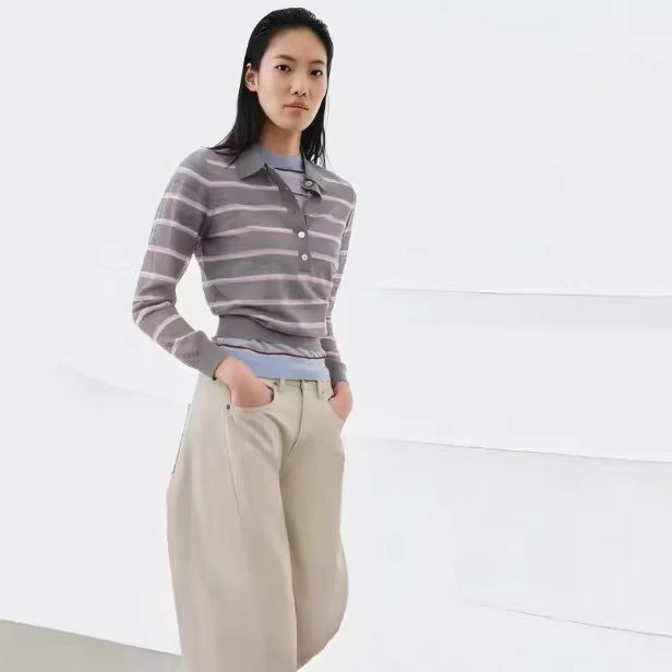 Damen Feinstrick-Polopullover mit Knopfleiste und feinen Querstreifen Echoarchiv