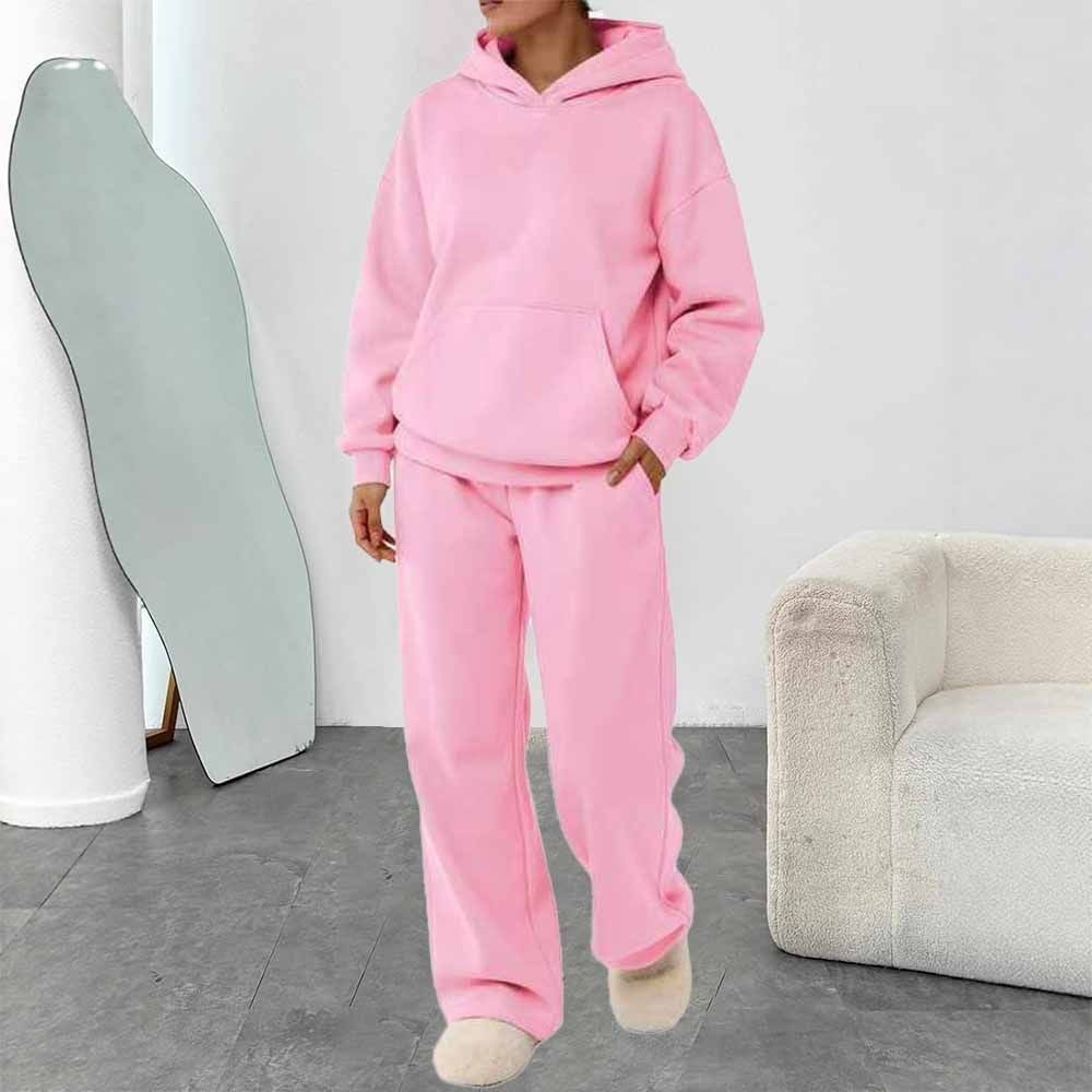 Damen zweiteiliges Freizeit-Lounge-Set mit Kapuzenpullover, Kängurutasche und gerader Loungehose aus weichem Baumwollmix – Auréline