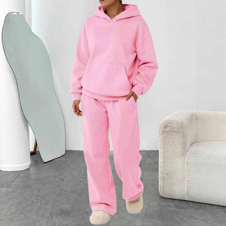 Damen zweiteiliges Freizeit-Lounge-Set mit Kapuzenpullover, Kängurutasche und gerader Loungehose aus weichem Baumwollmix – Auréline