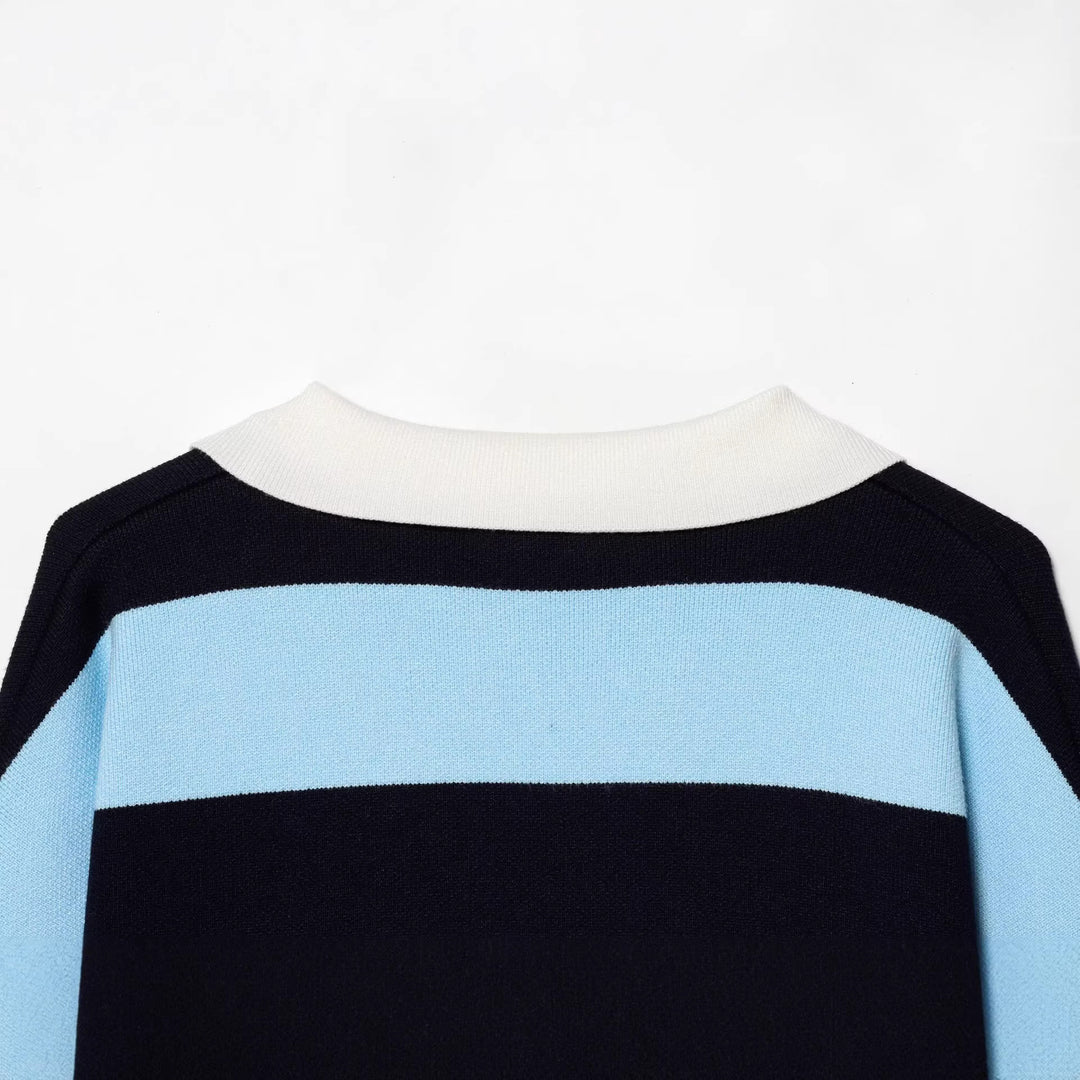 Damen Gestreifter Rugby-Pullover mit Polokragen und V-Ausschnitt Echoarchiv