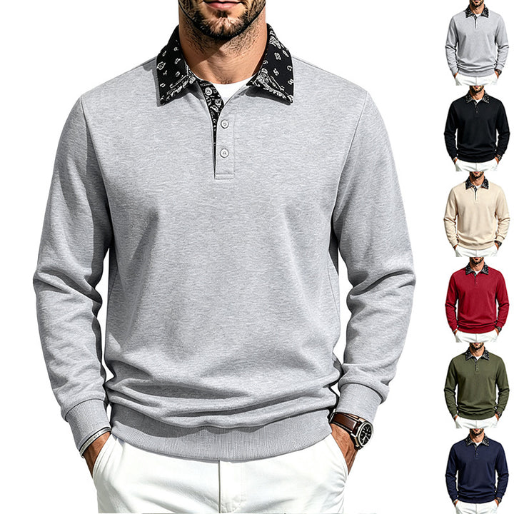 Herren Langarm-Polo aus Baumwollmischung mit kontrastierendem Hemdkragen – Cavello