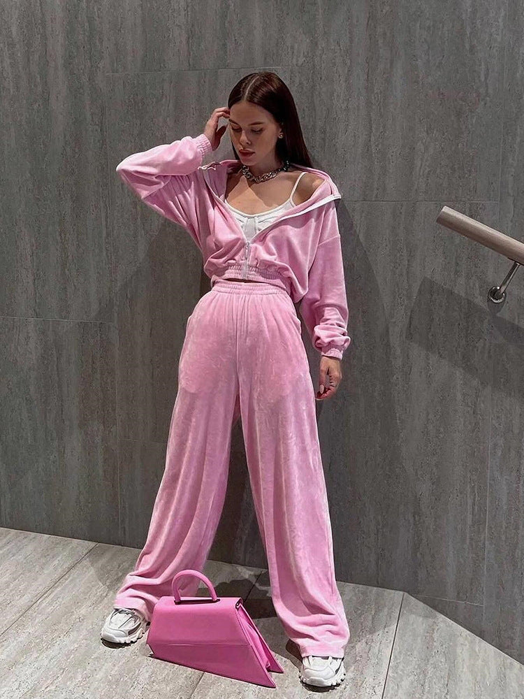 Damen nan Cropped Velours-Joggingset mit halbem Reißverschluss, gerafftem Komfortbund und breiten Bündchen Echo Archiv