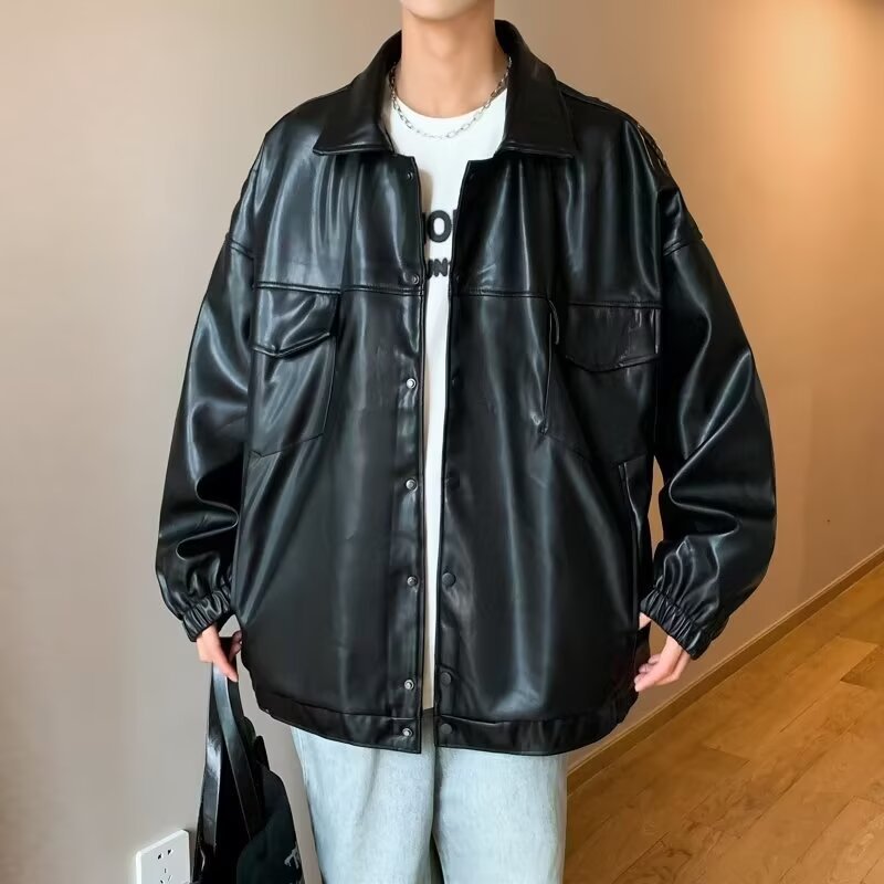 Herren Oversized PU-Leder-Shacket mit Pattentaschen und elastischen Bündchen Echoarchiv