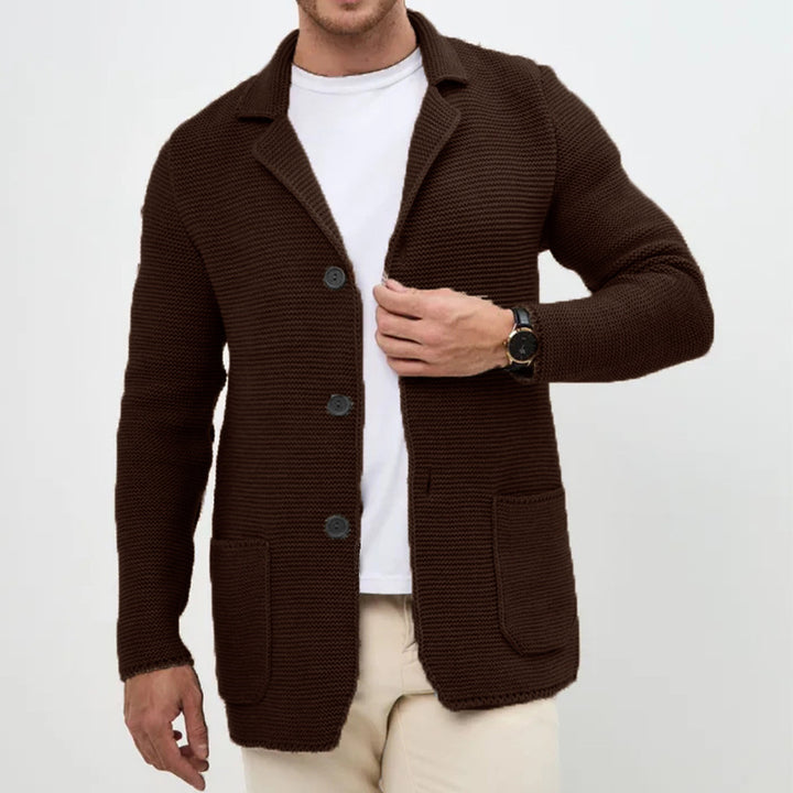 Herren grobgestrickter Strickcardigan mit Schalkragen und aufgesetzten Taschen Echo Archiv