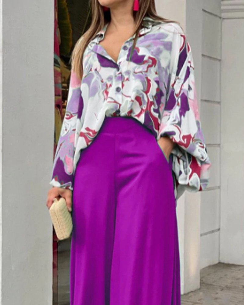 Damen Oversize Hemdbluse mit abstraktem Aquarellprint und überschnittener Schulter – Élovi