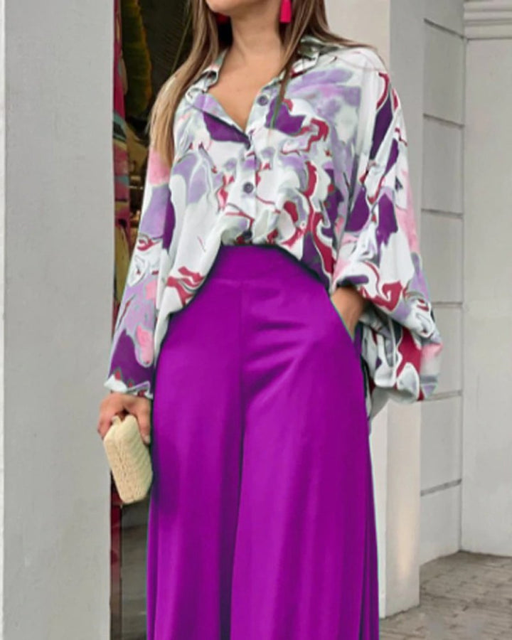 Damen Oversize Hemdbluse mit abstraktem Aquarellprint und überschnittener Schulter – Élovi