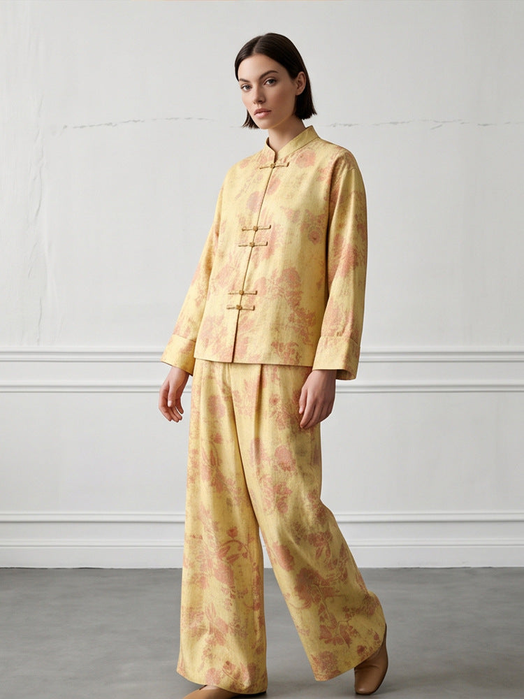 Damen Zweiteiliges Jacquard-Set mit Mandarin-Kragen und weit geschnittener Hose Echoarchiv