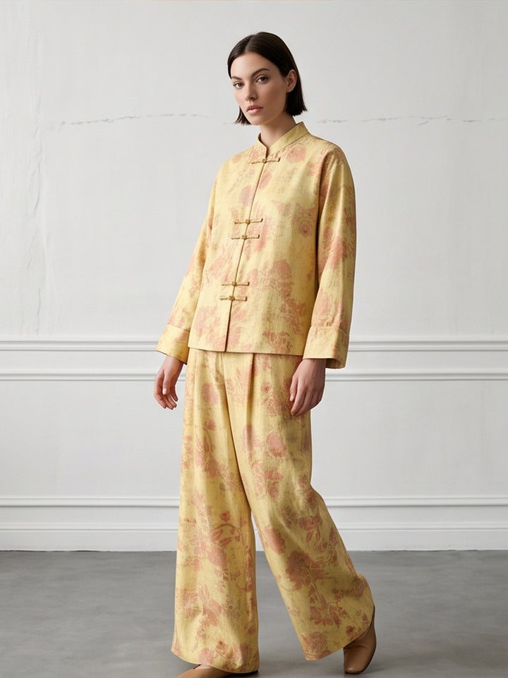 Damen Zweiteiliges Jacquard-Set mit Mandarin-Kragen und weit geschnittener Hose Echoarchiv
