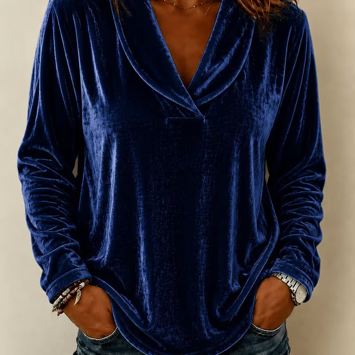 Damen Samt-Longsleeve mit Schalkragen und V-Ausschnitt Echoarchiv