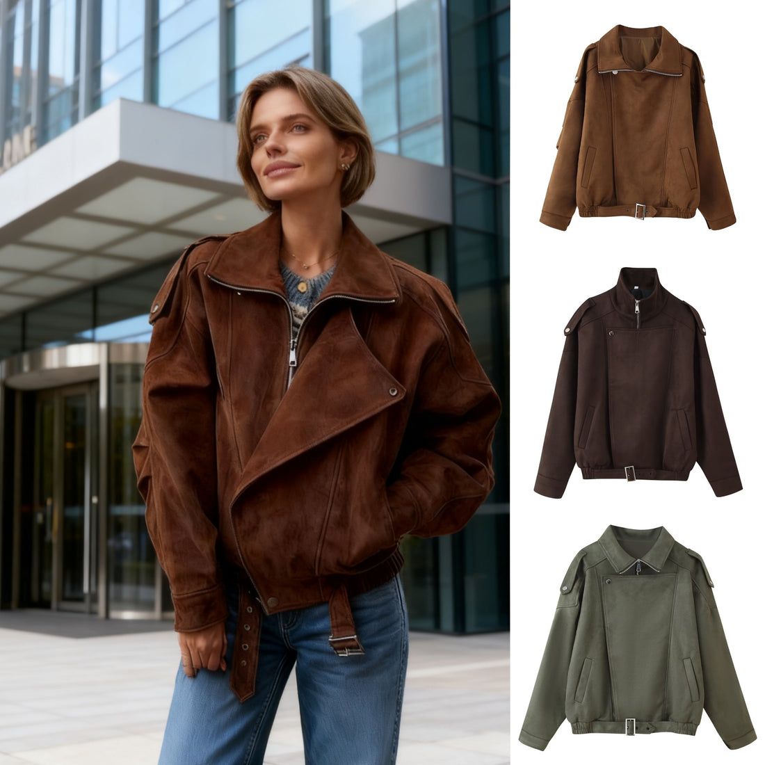 Damen Kurzjacke im Biker-Blouson-Stil mit Gürtel und asymmetrischer Klappe Echo Archiv