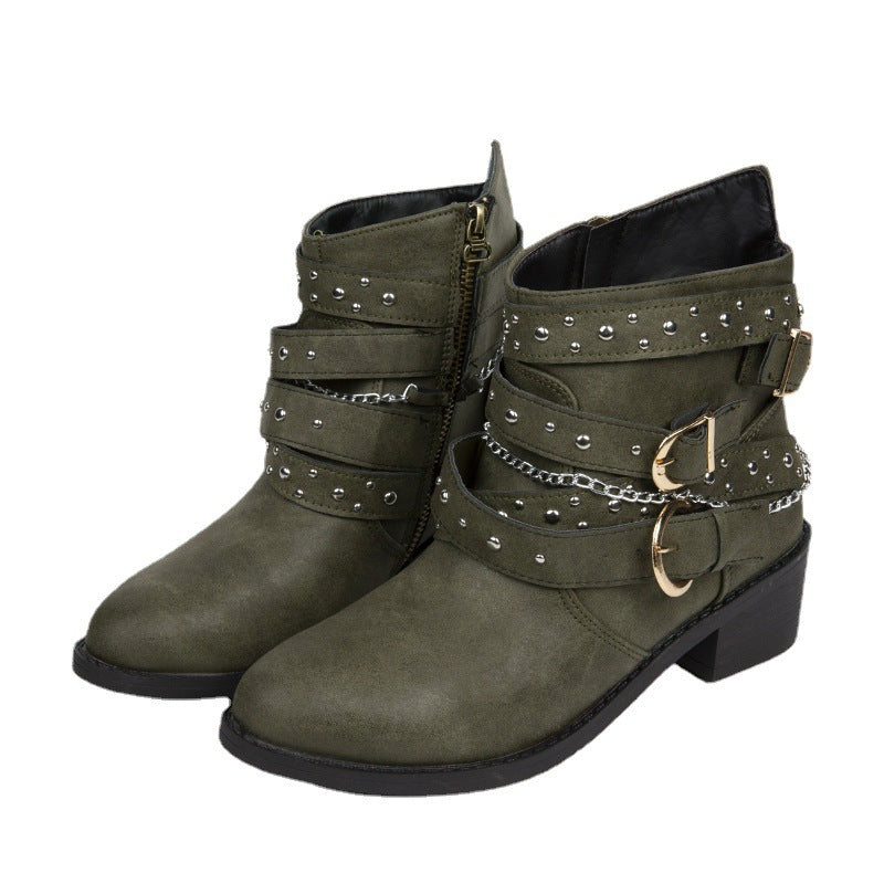 Damen nan knöchelhohe Biker-Stiefelette mit Nietenriemen, Ketten- und Dornschließen-Details Echo Archiv