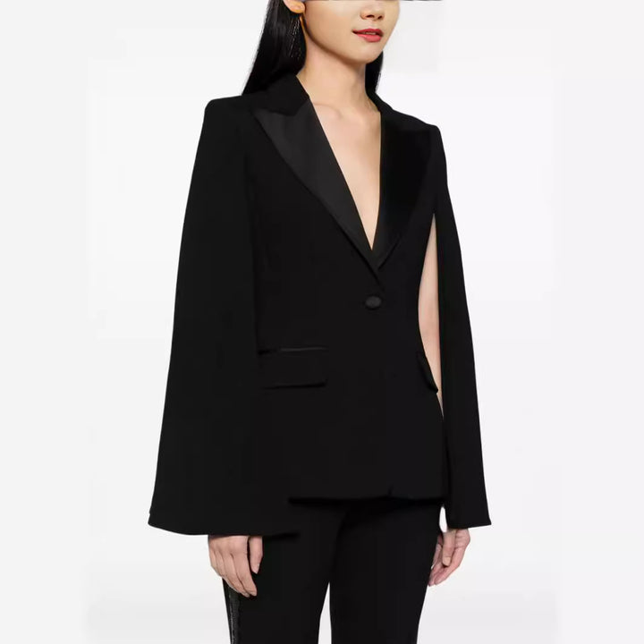 Damen Zweiteiliges Abendliches Blazer-Set mit Cape-Ärmeln und ausgestellten Marlene-Hosen Echoarchiv
