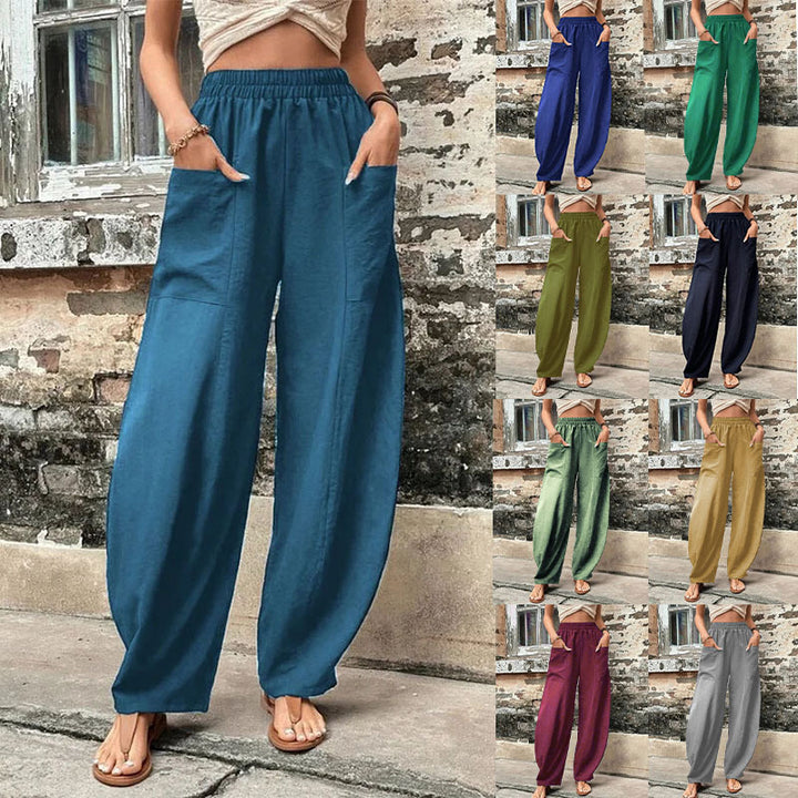 Damen Weite Leinenhose mit elastischem Bund, aufgesetzten Taschen und lässigem Harem-Schnitt Echoarchiv