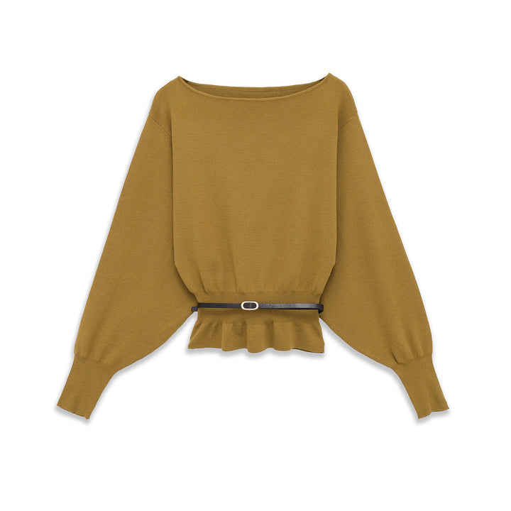 Damen Fledermaus-Pullover mit weitem Ärmel, gerafftem Taillenbund und schmalem Gürtel – Mavelle