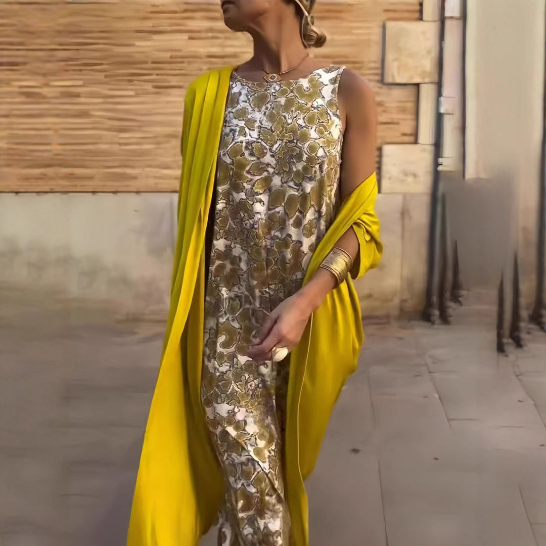 Damen Lange Wickel-Kaftankleid mit ärmellosem Unterkleid und fließendem Overshirt Echoarchiv