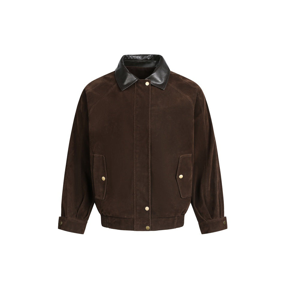Herren Boxy Veloursleder-Blouson mit kontrastierendem Lederkragen und Druckknopf-Pattentaschen Echoarchiv