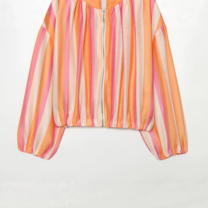 Damen Gestreifte Cropped‑Bomberjacke mit Stehkragen, Ballonärmeln und Gummibund Echoarchiv