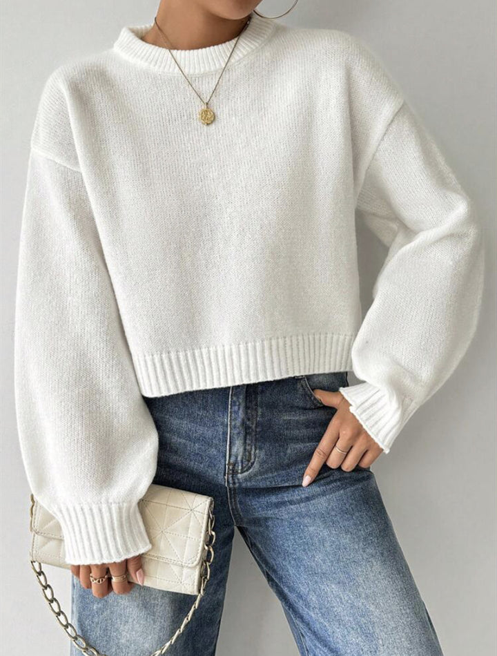 Damen Kurz-Cropped Pullover aus feinem Strick mit Ballonärmeln und geripptem Bund – Mavelle