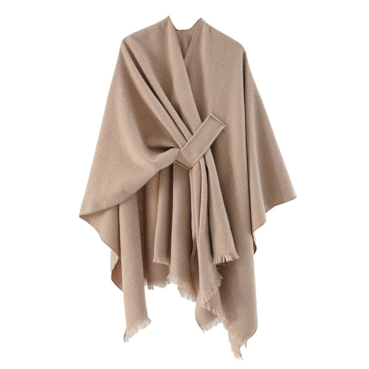 Damen Strickponcho mit geometrischem Blockmuster und Fransen Echo Archiv