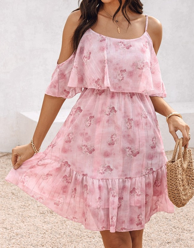 Damen fließendes Sommerkleid mit kaltem Schulterdesign und Rüschendetails Echo Archiv