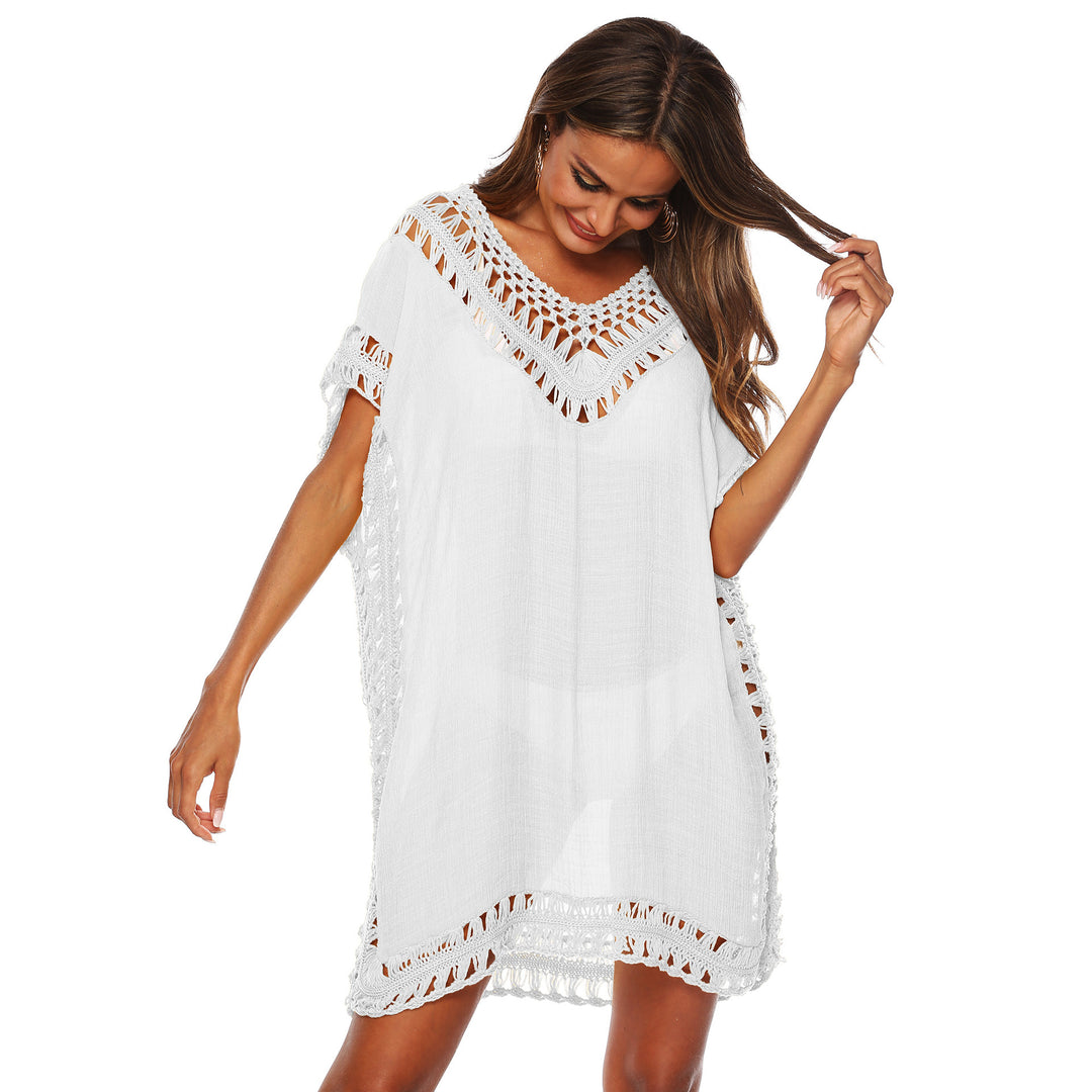 Damen Häkel-Strandüberwurf mit elegantem V-Ausschnitt und fransigen Details Echo Archiv