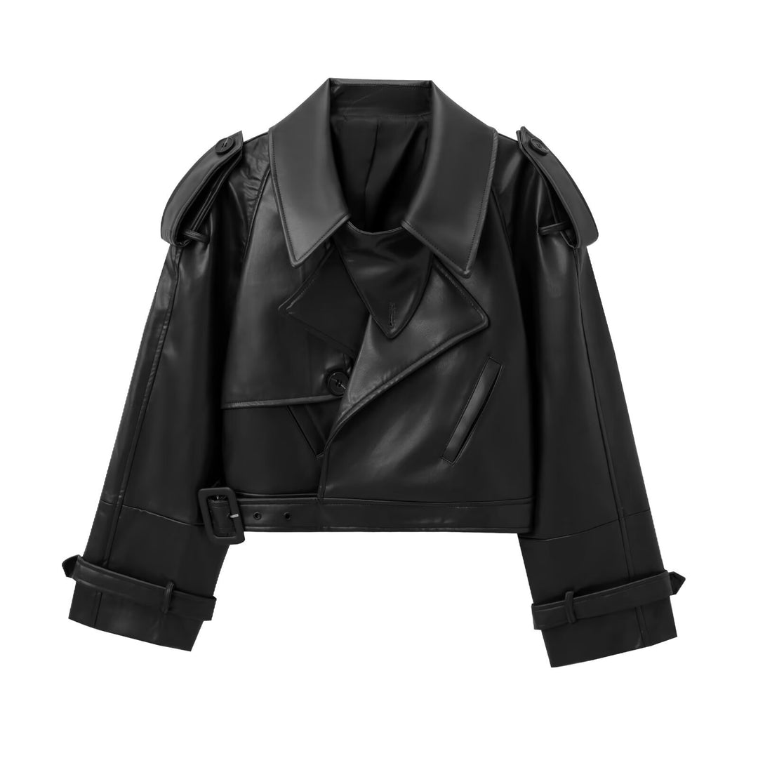 Damen Kurzer Trench-Mantel mit Taillengürtel und Schulterklappen aus veganem Leder Echoarchiv