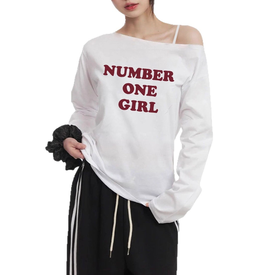 Damen asymmetrisches Off-Shoulder Longsleeve mit Statement-Print und lockerem Oversize-Schnitt – Avérine