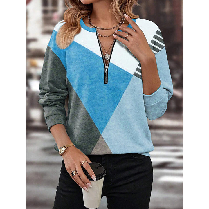 Damen Freizeitsweatshirt mit Halbzipp und geometrischem Farbkombinationsmuster Echoarchiv