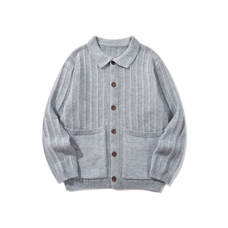 Unisex Grobgestrickte Hemdjacke mit Kentkragen, Knopfleiste und aufgesetzten Taschen Echo Archiv