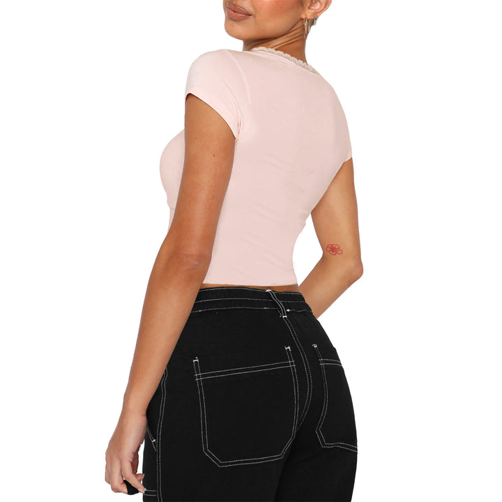 Damen modisches cropped T-Shirt mit quadratischem Ausschnitt und zarten Spitzenakzenten Echo Archiv