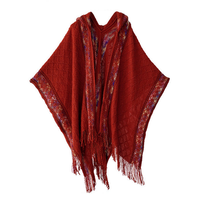 Damen Gewebter Kapuzenponcho mit Fransen und Ethno‑Bordüre – Avérine