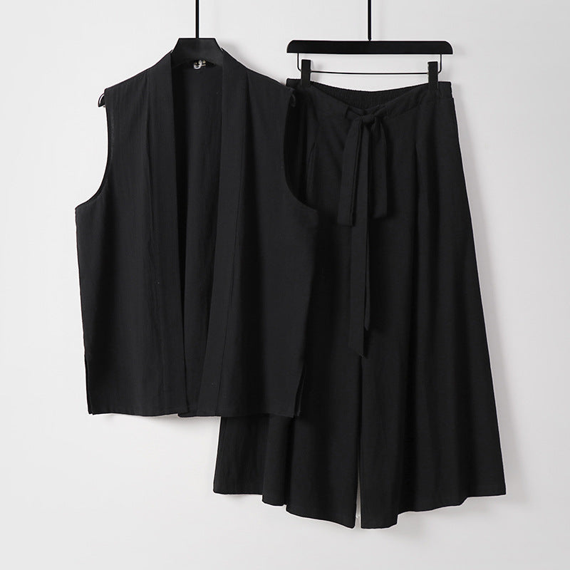 Damen Ärmellose Kimono-Weste und Hochtaillierte Culotte-Hose mit Bindegürtel Echoarchiv